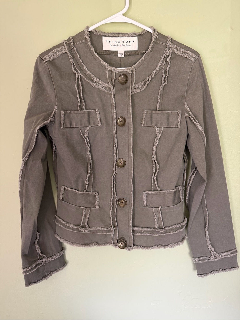 Vintage Trina Turk Frayed Edge Utility Cotton/Jean Jacket Size 6 color: olive